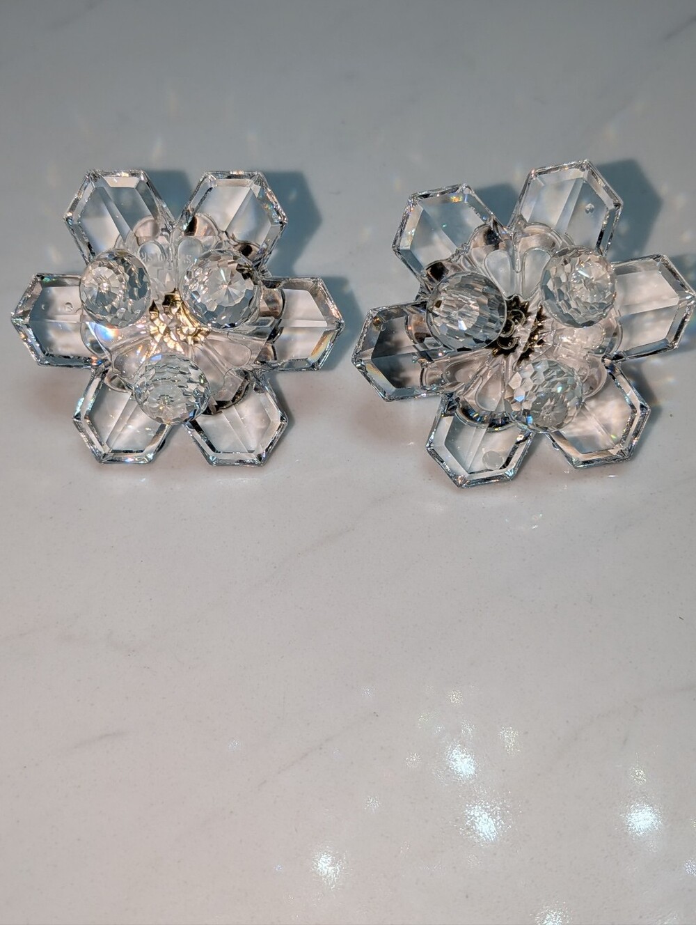 Vintage Pair Swarovski Crystal Star Flowers Pin Candlesticks Faceted Balls Base